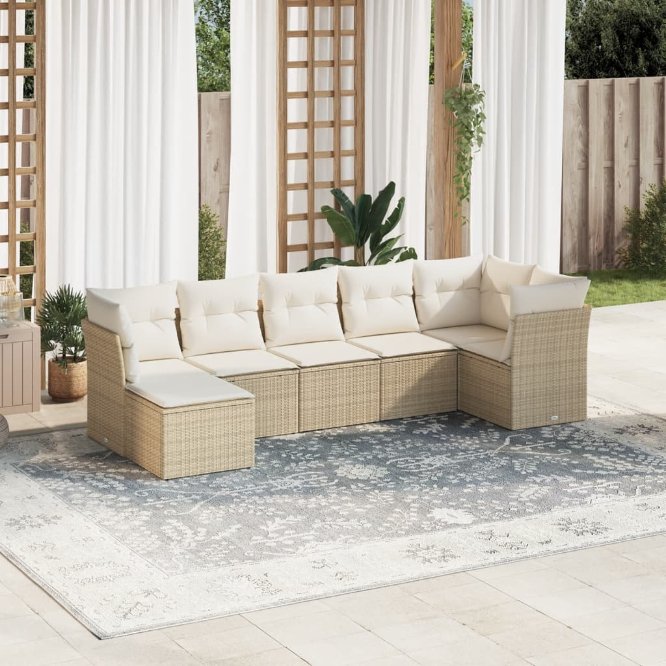7-tlg. Garten-Sofagarnitur mit Kissen Schwarz Poly Rattan