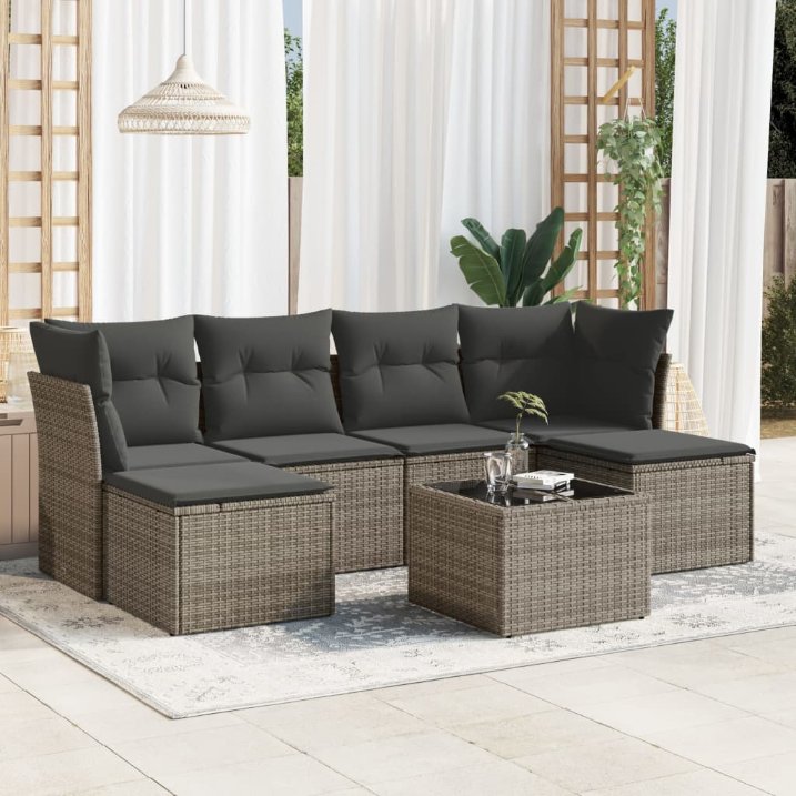 6-tlg. Garten-Sofagarnitur mit Kissen Schwarz Poly Rattan