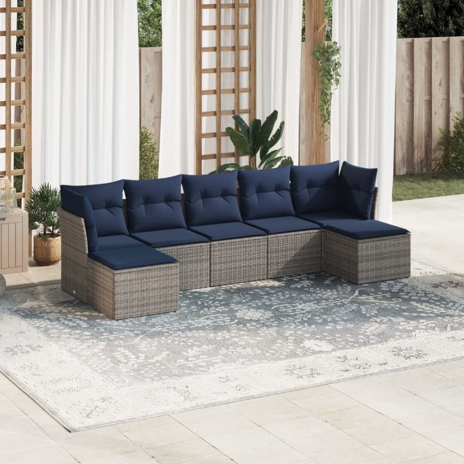 7-teiliges Gartensofa-Set mit Kissen, schwarzes Polyrattan