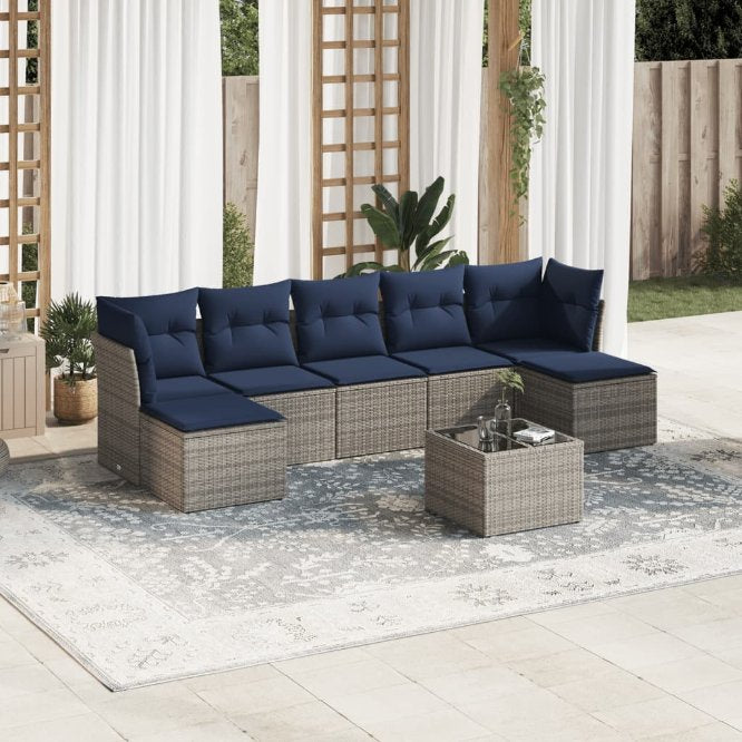 7-teiliges Gartensofa-Set mit Kissen, schwarzes Polyrattan