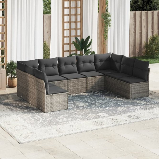 9-tlg. Garten-Sofagarnitur mit Kissen Schwarz Poly Rattan