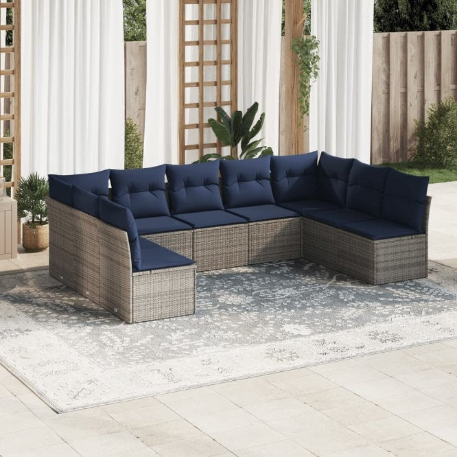 9-teiliges Gartensofa-Set mit Kissen, schwarzes Polyrattan