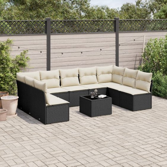 9-tlg. Garten-Sofagarnitur mit Kissen Schwarz Poly Rattan