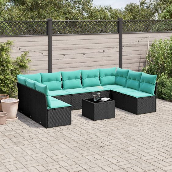 9-teiliges Gartensofa-Set mit Kissen, schwarzes Polyrattan