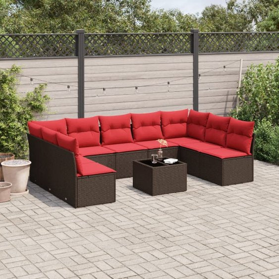 9-teiliges Gartensofa-Set mit Kissen, schwarzes Polyrattan