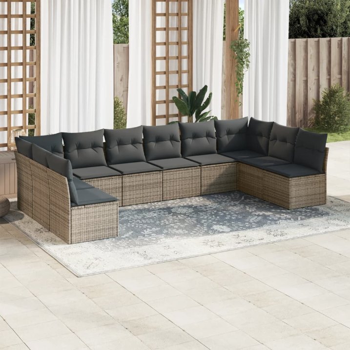 vidaXL 10-tlg. Garten-Sofagarnitur mit Kissen Schwarz Poly Rattan