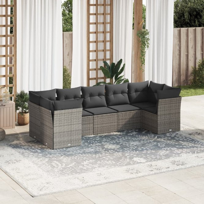 7-tlg. Garten-Sofagarnitur mit Kissen Schwarz Poly Rattan