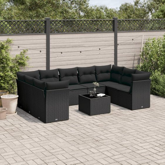 9-tlg. Garten-Sofagarnitur mit Kissen Schwarz Poly Rattan
