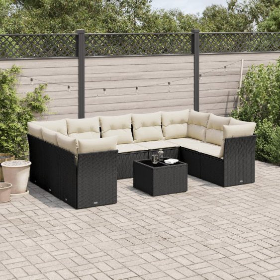 9-tlg. Garten-Sofagarnitur mit Kissen Schwarz Poly Rattan