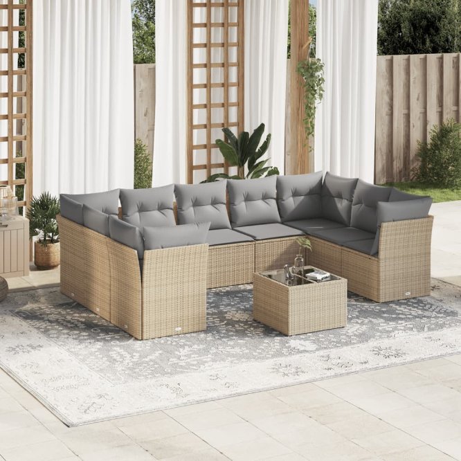 9-tlg. Garten-Sofagarnitur mit Kissen Schwarz Poly Rattan