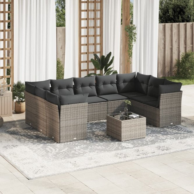 9-tlg. Garten-Sofagarnitur mit Kissen Schwarz Poly Rattan