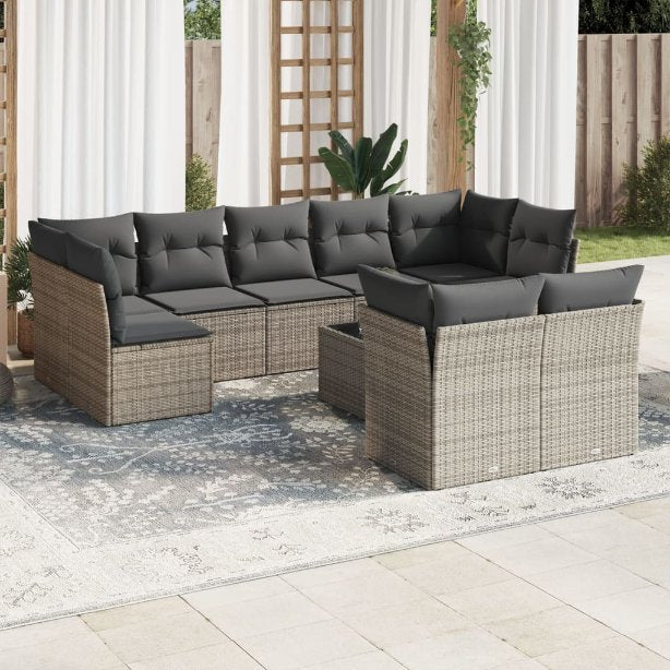9-tlg. Garten-Sofagarnitur mit Kissen Schwarz Poly Rattan