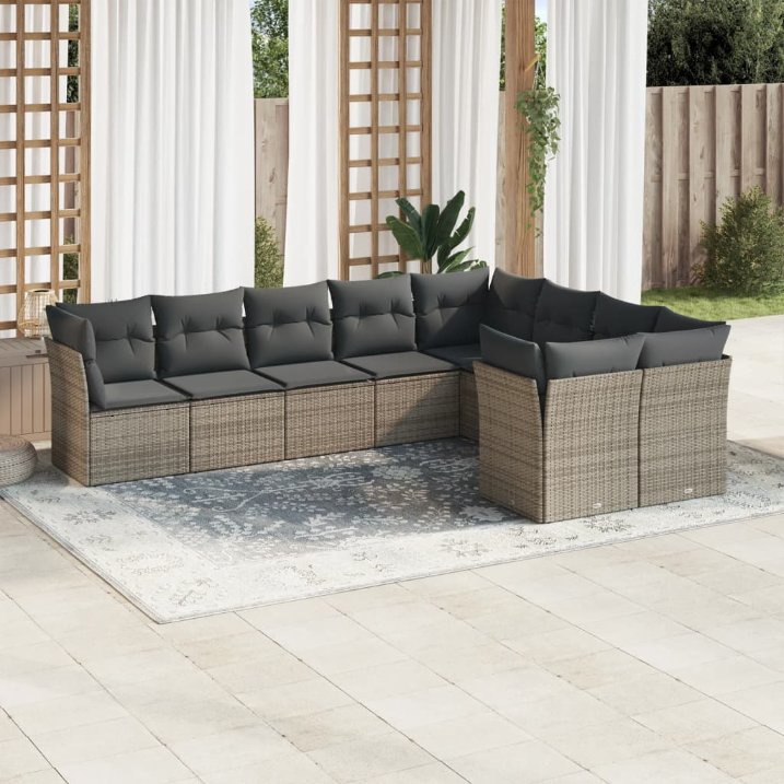 9-tlg. Garten-Sofagarnitur mit Kissen Schwarz Poly Rattan