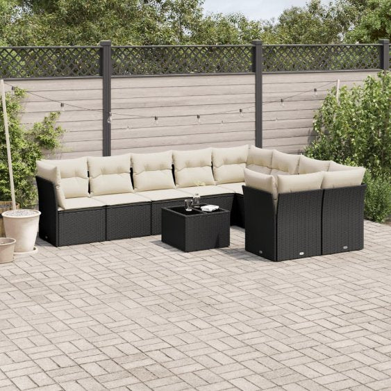9-tlg. Garten-Sofagarnitur mit Kissen Schwarz Poly Rattan
