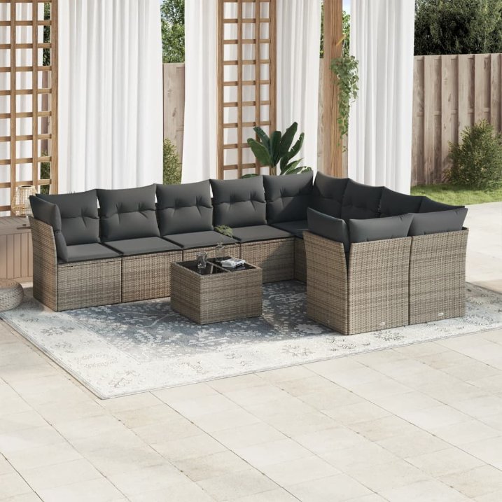 9-tlg. Garten-Sofagarnitur mit Kissen Schwarz Poly Rattan