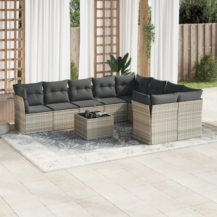 9-tlg. Garten-Sofagarnitur mit Kissen Schwarz Poly Rattan