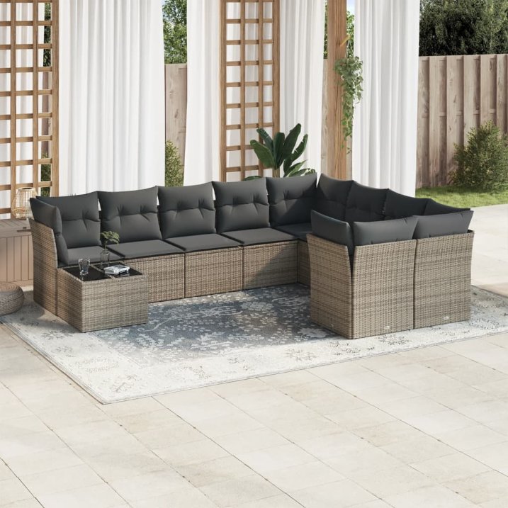 vidaXL 10-tlg. Garten-Sofagarnitur mit Kissen Schwarz Poly Rattan