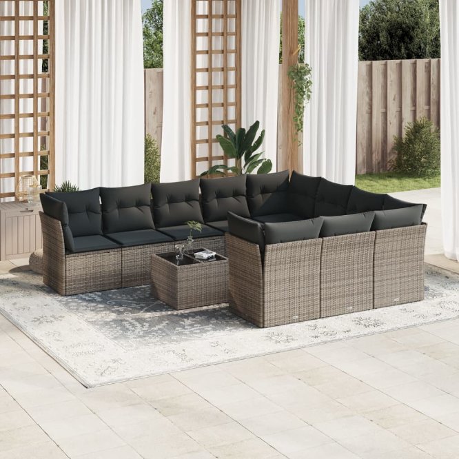 vidaXL 10-tlg. Garten-Sofagarnitur mit Kissen Schwarz Poly Rattan