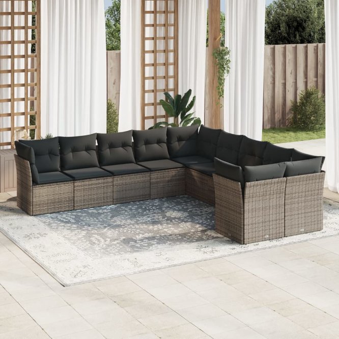 vidaXL 10-tlg. Garten-Sofagarnitur mit Kissen Schwarz Poly Rattan
