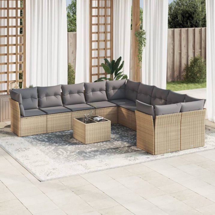 vidaXL 10-tlg. Garten-Sofagarnitur mit Kissen Schwarz Poly Rattan