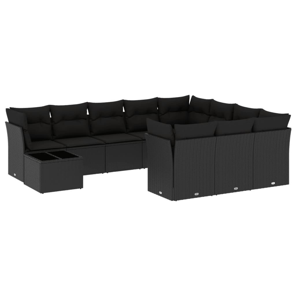 vidaXL 11-tlg. Garten-Sofagarnitur mit Kissen Schwarz Poly Rattan