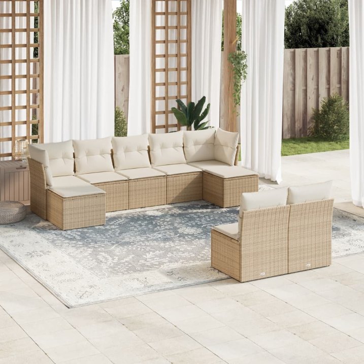 9-tlg. Garten-Sofagarnitur mit Kissen Schwarz Poly Rattan