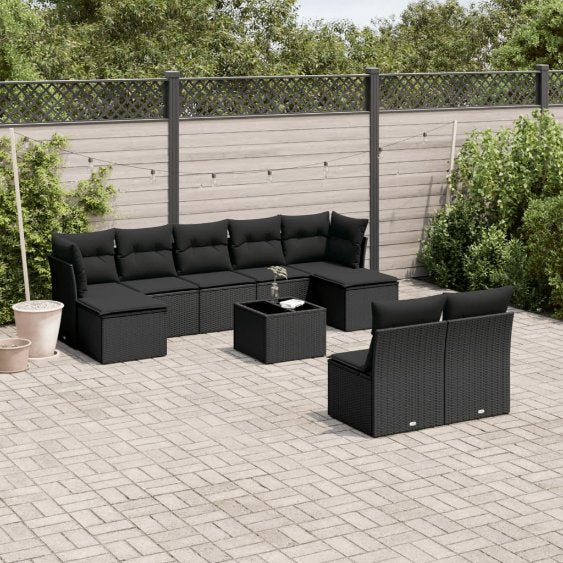 9-tlg. Garten-Sofagarnitur mit Kissen Schwarz Poly Rattan