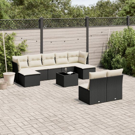 9-tlg. Garten-Sofagarnitur mit Kissen Schwarz Poly Rattan