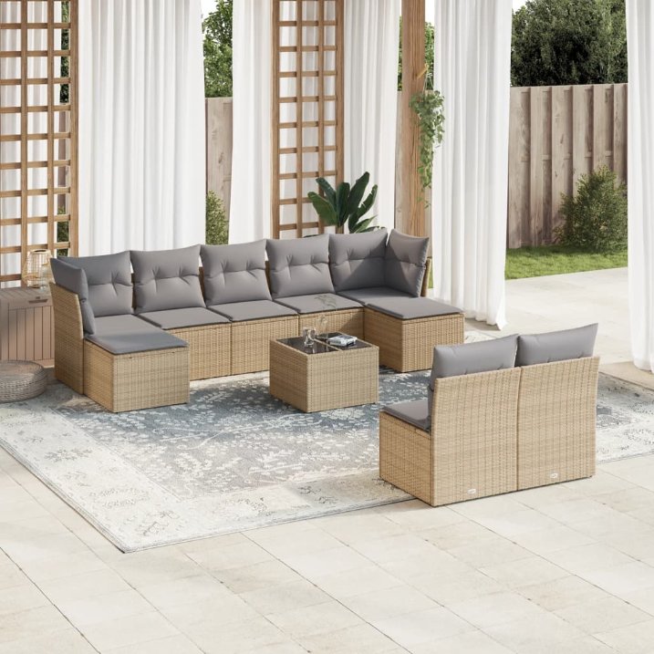 9-tlg. Garten-Sofagarnitur mit Kissen Schwarz Poly Rattan