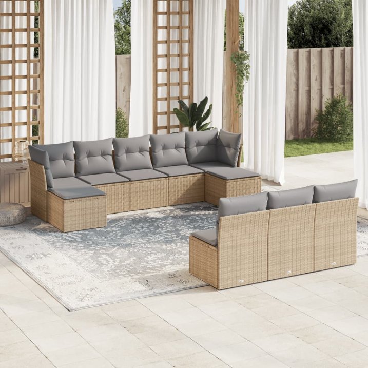 vidaXL 10-tlg. Garten-Sofagarnitur mit Kissen Schwarz Poly Rattan