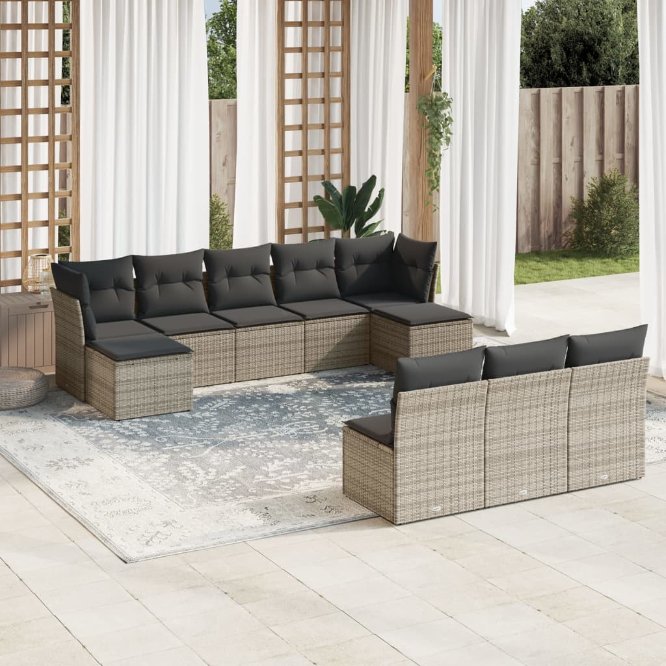vidaXL 10-tlg. Garten-Sofagarnitur mit Kissen Schwarz Poly Rattan