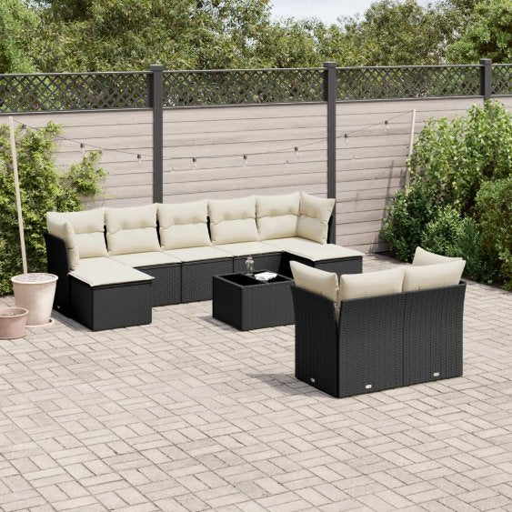 9-tlg. Garten-Sofagarnitur mit Kissen Schwarz Poly Rattan