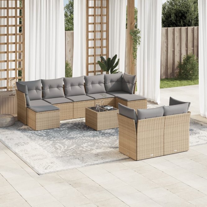 9-tlg. Garten-Sofagarnitur mit Kissen Schwarz Poly Rattan