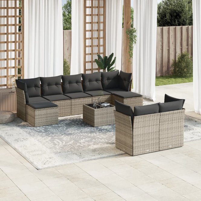 9-tlg. Garten-Sofagarnitur mit Kissen Schwarz Poly Rattan