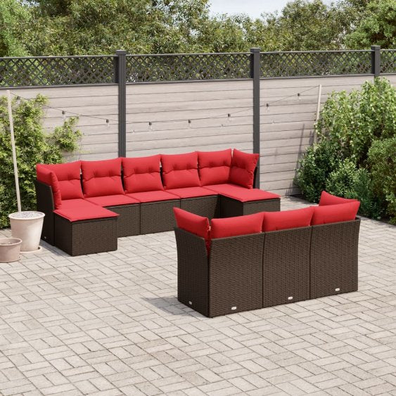 vidaXL 10-teiliges Gartensofa-Set mit Kissen, schwarzes Polyrattan