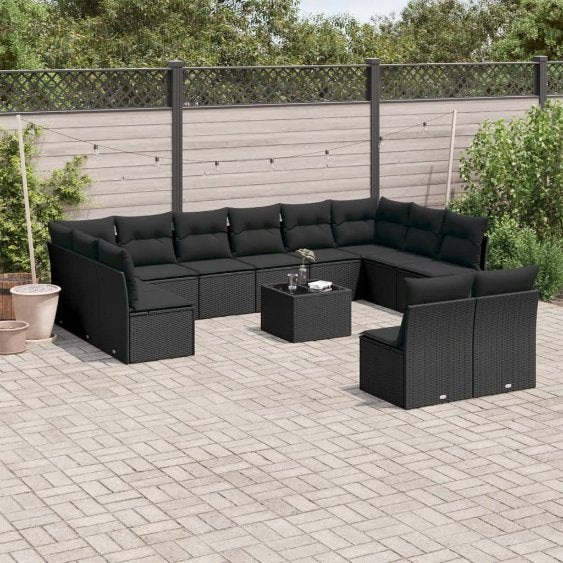 vidaXL 12-tlg. Garten-Sofagarnitur mit Kissen Schwarz Poly Rattan