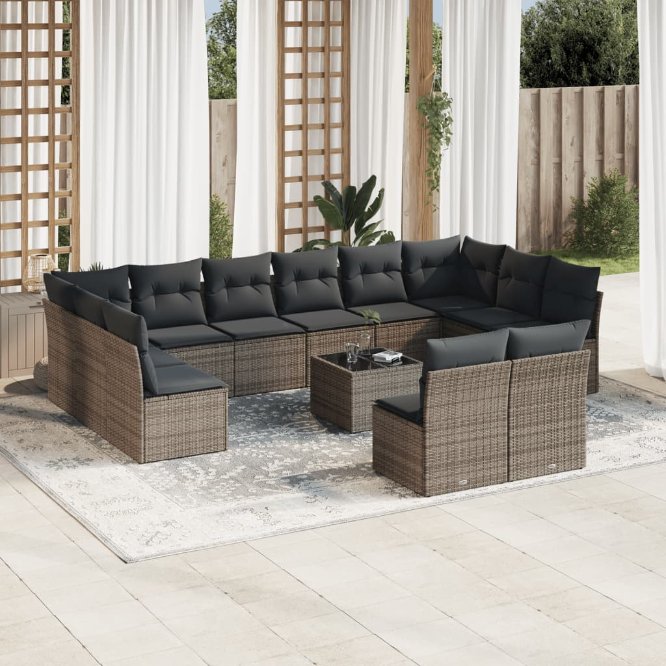 vidaXL 12-tlg. Garten-Sofagarnitur mit Kissen Schwarz Poly Rattan