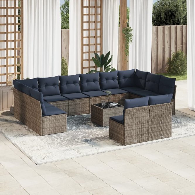 vidaXL 12-tlg. Garten-Sofagarnitur mit Kissen Grau Poly Rattan