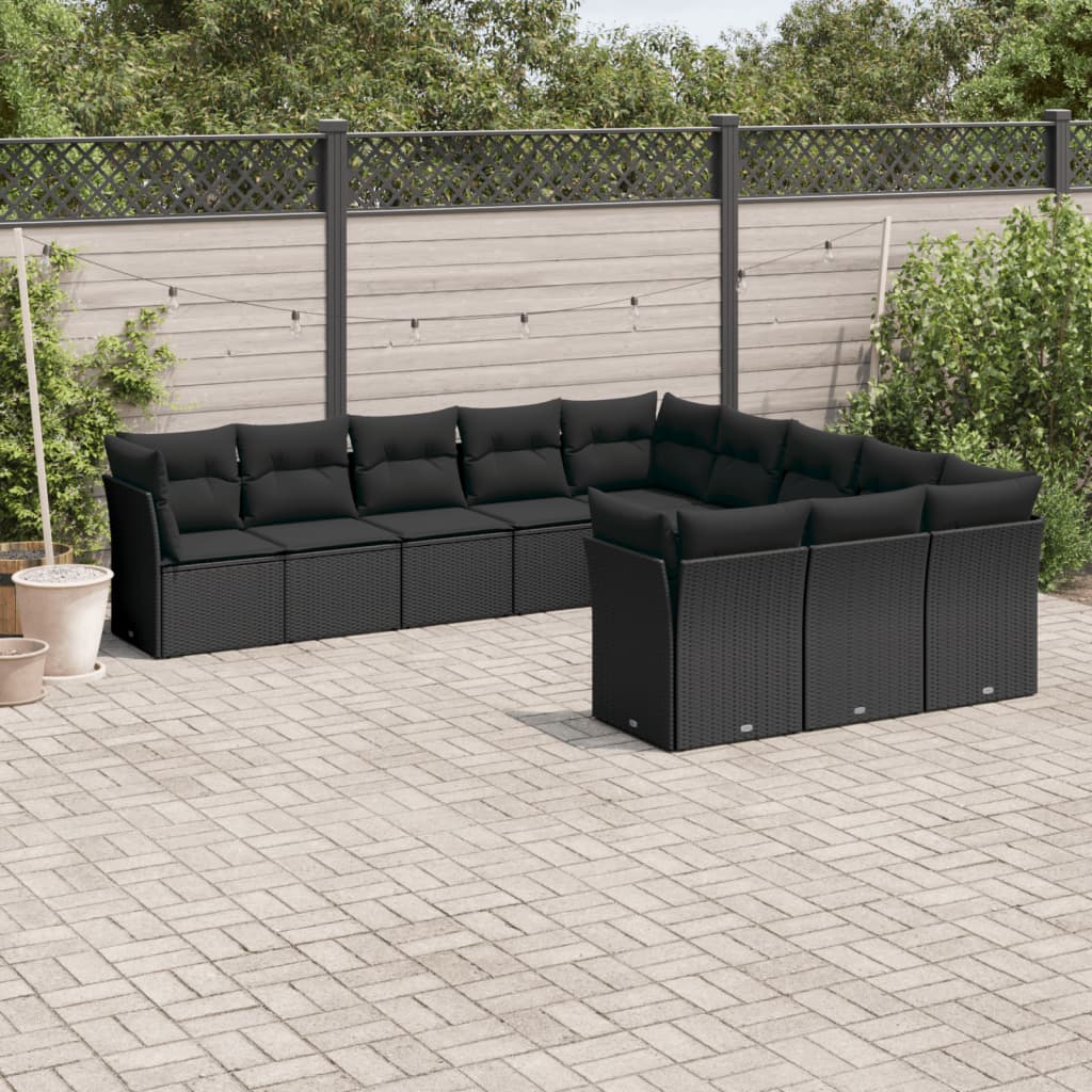 vidaXL 11-tlg. Garten-Sofagarnitur mit Kissen Schwarz Poly Rattan