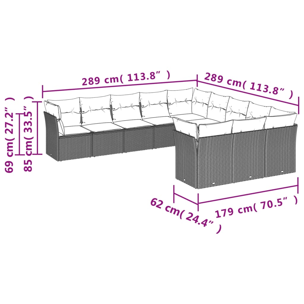 vidaXL 11-teiliges Gartensofa-Set mit Kissen, schwarzes Polyrattan