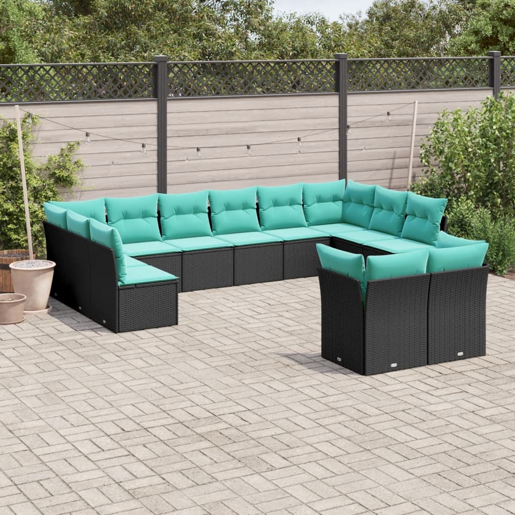 vidaXL 12-teiliges Gartensofa-Set mit Kissen, schwarzes Polyrattan