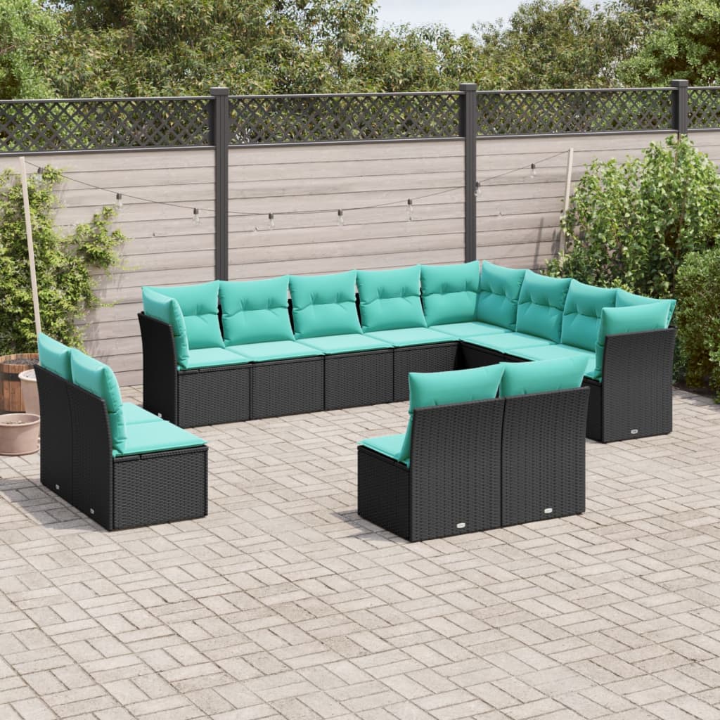 vidaXL 12-teiliges Gartensofa-Set mit Kissen, schwarzes Polyrattan