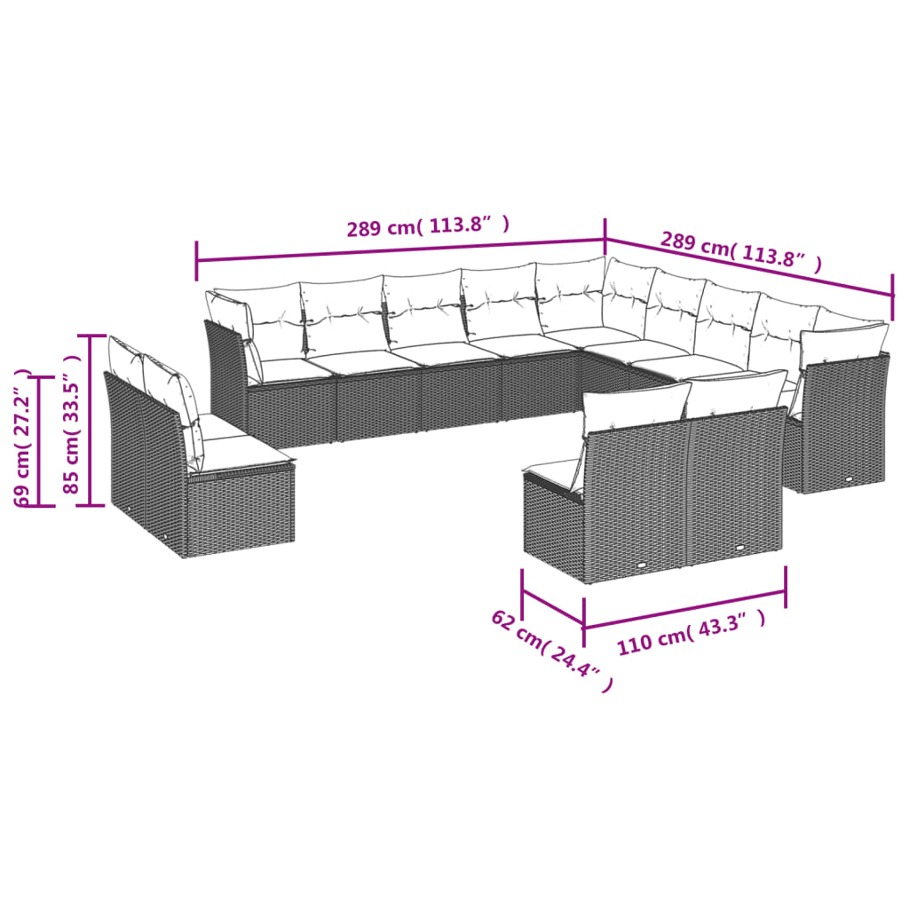 13-tlg. Garten-Sofagarnitur mit Kissen Schwarz Poly Rattan