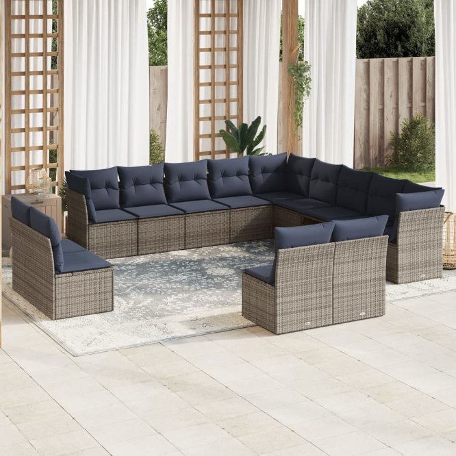 13-teiliges Gartensofa-Set mit Kissen, schwarzes Polyrattan