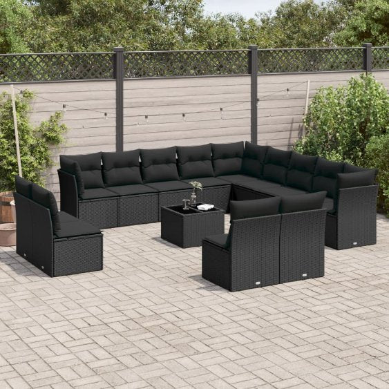 13-tlg. Garten-Sofagarnitur mit Kissen Schwarz Poly Rattan