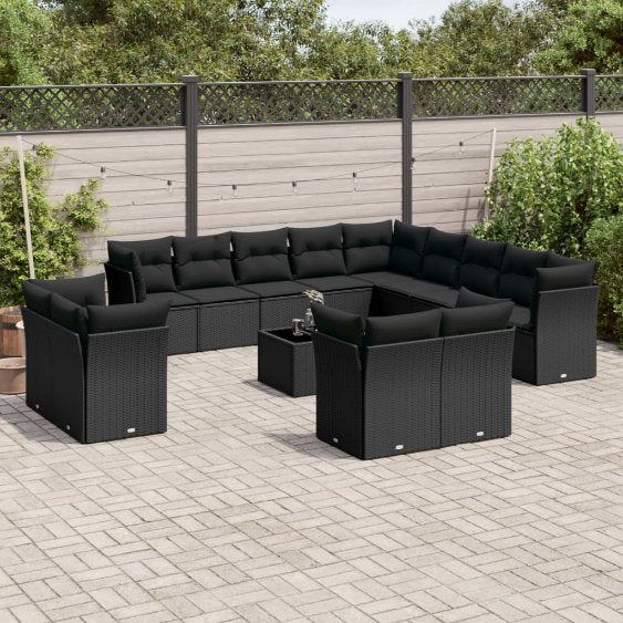 13-tlg. Garten-Sofagarnitur mit Kissen Schwarz Poly Rattan