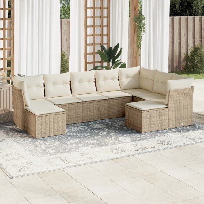 9-tlg. Garten-Sofagarnitur mit Kissen Schwarz Poly Rattan