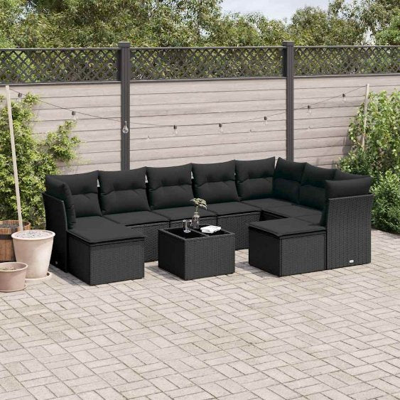 9-tlg. Garten-Sofagarnitur mit Kissen Schwarz Poly Rattan