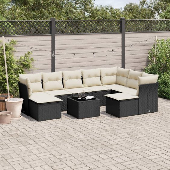 9-tlg. Garten-Sofagarnitur mit Kissen Schwarz Poly Rattan