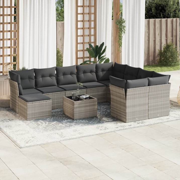 vidaXL 11-tlg. Garten-Sofagarnitur mit Kissen Schwarz Poly Rattan